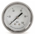Zoro Select Pressure Gauge, 0 to 100 psi, 1/4 in MNPT, Steel, Black 4CEZ9