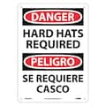 Nmc Danger Hard Hats Required Sign, Bilingual, 14 in Height, 10 in Width, Aluminum ESD689AB