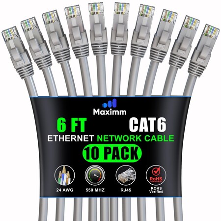 Maximm Cat6 Ethernet Cable 6ft 10Gbps 550MHz UTP, 10PK, Gray, 10PK CAT6CCA-6FTGR-10PK