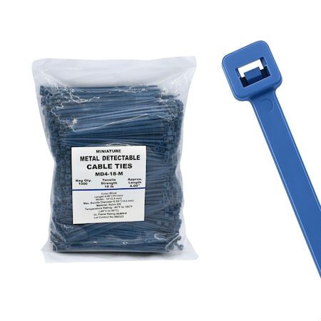 Cable Ties Unlimited Metal Detectable Cable Tie, 4 in L, 18 lb Strength, 1 in Max Bundle Dia, Nylon 6/6, Blue, 1000PK MD4-18-M