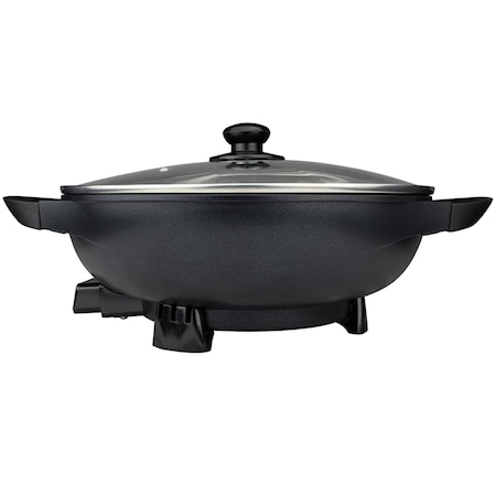 Brentwood Industries 13in Non-Stick Flat Bottom Electric Wok Skillet with Vented Glass Lid in Black SK-69BK
