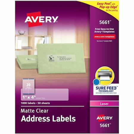 Avery Easy Peel Laser Mailing Labels, 1 x 4, Clear, 1000/Box 5661