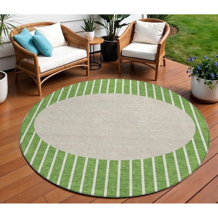 Homeroots 8' Green And Gray Round Striped Washable Indoor Outdoor Area Rug 597159
