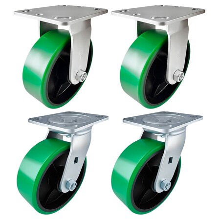 Hyw Products Heavy Duty Caster Set 6in Green Polyurethane on Cast Iron Wheels, 2 Rigid & 2 Swivel, 4PK 40-60R-A1-PC-2,40-60S-A1-PC-2 (G)