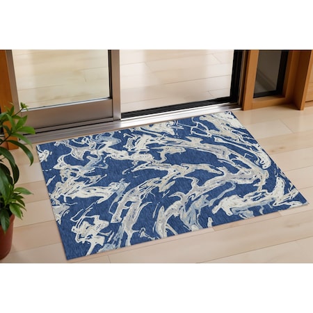 Homeroots 3' X 5' Navy Blue Gray And Ivory Abstract Washable Indoor Outdoor Area Rug 600108