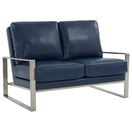 Leisuremod Jefferson Contemporary Faux Leather Loveseat with Silver Frame, Navy Blue JAS53NBU-L