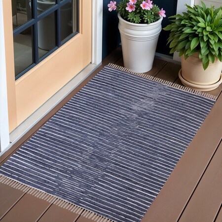 Homeroots 3' X 5' Navy and White Striped Handmade Indoor Outdoor Area Rug 557111
