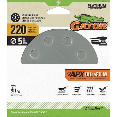Gator Blade 5'' 220-Grit 8-Hole Pattern Vented Sanding Disc with Hook & Loop Backing, 5PK 9207