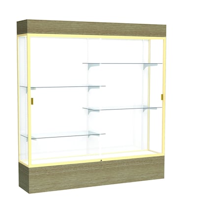 Ghent 80''H x 72''W x 16''D Reliant Driftwood Oak Display Case w/ White Back & Champagne Frame 2176WB-GD-DK