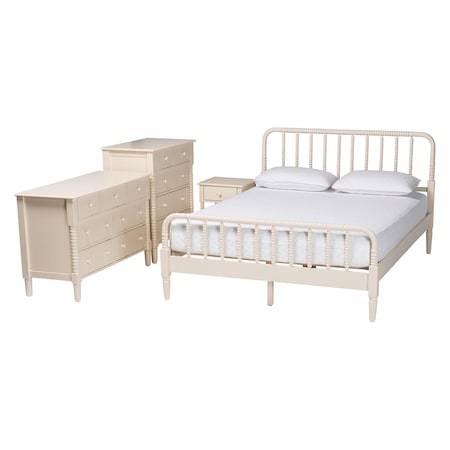 Baxton Studio Braith Farmhouse Ivory Spindle Wood King Size 4-Piece Bedroom Set 258-14207-14249-14247-14209-ZORO