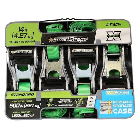 Smartstrap TieDown, 1 in W, 14 ft L, Polyester, Green, 500 lb, SHook End Fitting, Steel End Fitting 345