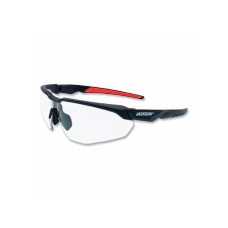 Jackson Safety Hyperguard Safety Glasses, Clear, Polycarbonate, Hard Coated, Black Half Frame, Red Temple 138-45000