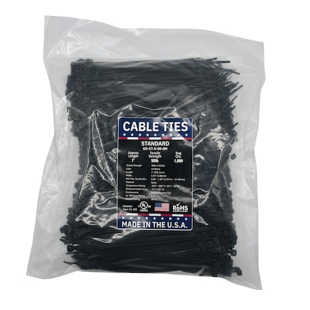 Cable Ties Unlimited Cable Tie, 7.5 in L, 50 lb Strength, 1.9 in Max Bundle Dia, Nylon 6/6, Black 1000PK US-S7.5-50-0M