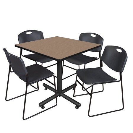 Regency Square Kobe Breakroom Table W/ 4 Zeng Stack Chairs, 42 in W, 42 in L, Noble Oak TKB4242NO44BK