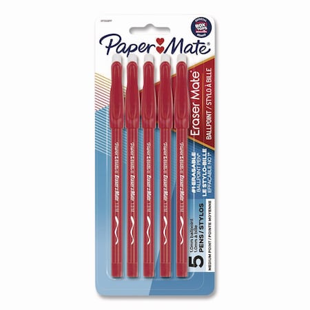 Paper Mate Eraser Mate Ballpoint Pen, Stick, Medium 1 mm, Red Ink, Red Barrel, 5PK 31735