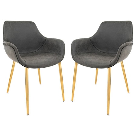 Leisuremod Markley Modern Leather Dining Arm Chair with Gold Metal Legs, Charcoal Black, 2PK ECG26BL2