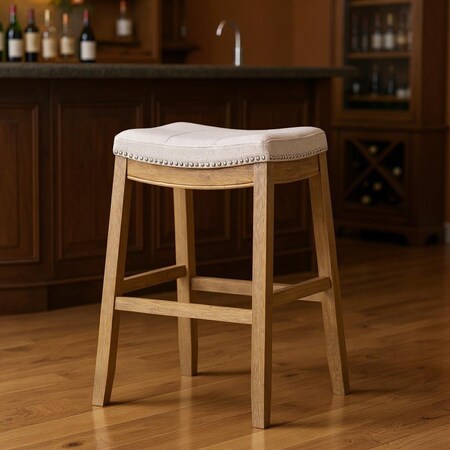 Homeroots 31" Bone and Natural Faux Leather and Solid Wood Backless Bar Height Bar Chair 632489