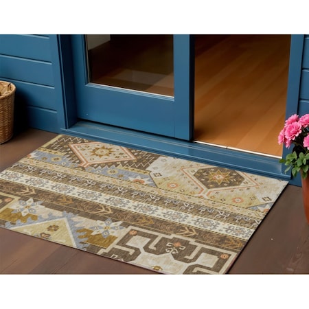 Homeroots 3' X 5' Brown Beige And Ivory Aztec Washable Indoor Outdoor Area Rug 598460