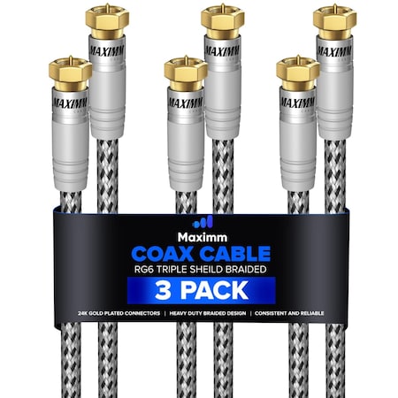 Maximm 15ft RG6 Nylon Braided Coaxial Cable, 3PK, Black/White, 3PK RG-BWBR-15FT-3PK