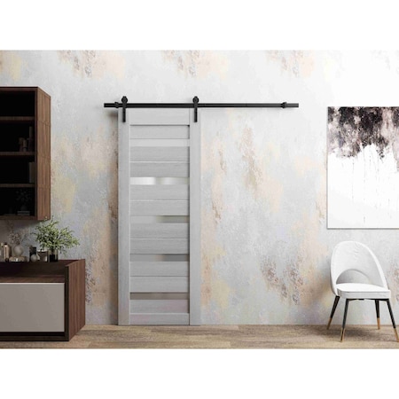 Sartodoors Sturdy Barn Door 30 x 96in, Light Grey Oak W/ Frosted Glass, 6.6FT Rail Hangers Heavy Hardware Set QUADRO4445BD-B-OAK-3096