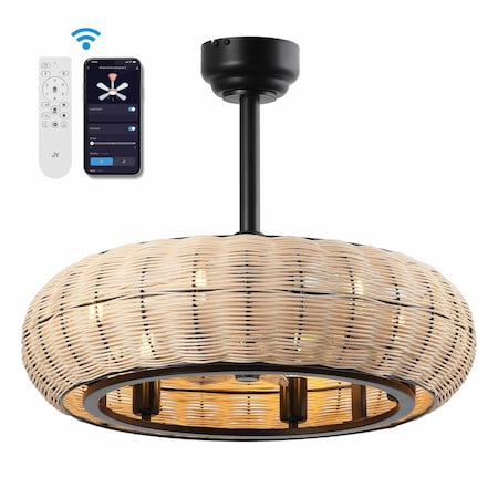 Jonathan Y Cassidy 23" 6-Light Modern Bohemian 6-Speed Metal/Rattan Mobile-App/Remote-Controlled Height-Adjusta JYL9728B