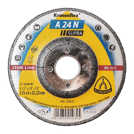 Klingspor A24N Supra Grinding Disc 4-1/2 x 1/4 x 5/8-11 T27, 10PK A24N1156.022A