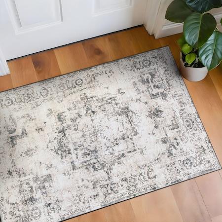 World Rug Gallery Transitional Distressed Medallion Washable Non Slip Area Rug 2 ft x 4 ft Gray WR79GRAY2X4