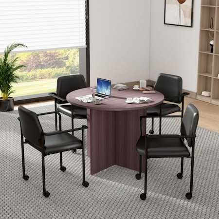 Boss Office Products BOSS 42" Round Table (Driftwood Finish) Set with (4) Chairs with Arms and Casters in Black Vinyl Group127DW-D
