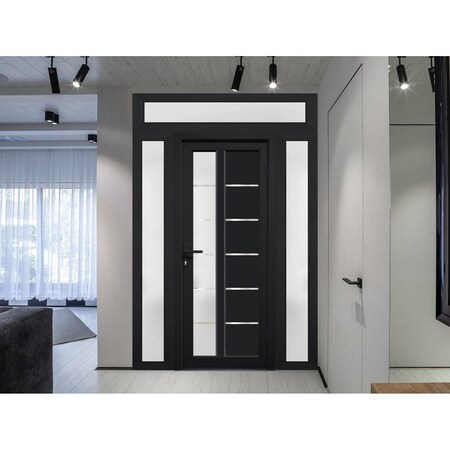 Vdomdoors Front Exterior Prehung FiberGlass Door Frosted Glass / Manux 8088 Matte Black / 2 Sidelight and Tra MANUX8088EXD-BLK-W14+30+14 x H80+14-LH
