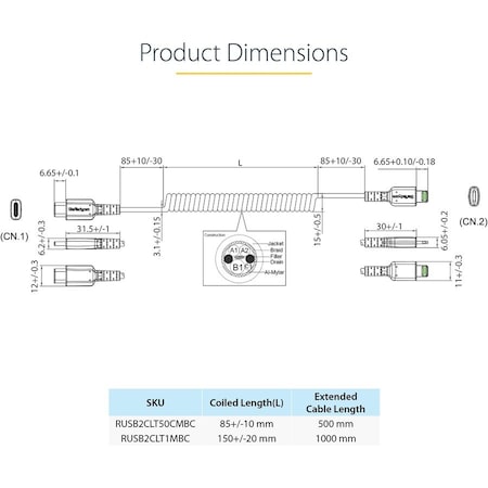 Startech.Com USB C to Lightning Cable 1m/3ft, Coiled RUSB2CLT1MBC