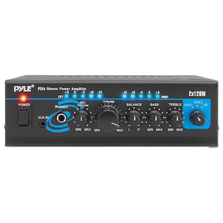 Pyle Pyle2x120W Mini 2-Channel Home Audio Power Amplifier, Bluetooth 5.1, RCA/AUX/Mic, Bass/Treble EQ PTA4
