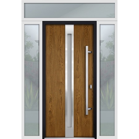 Vdomdoors Steel Door Deux 1744 Natural Oak 2 Sidelight and Transom White Window Stainless Inserts Single Mode DEUX1744EXD-OAKW-W12+36+12xH80+16-LH-O