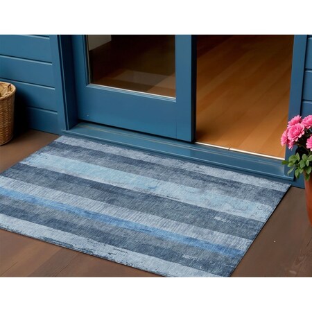 Homeroots 3' X 5' Blue And Gray Striped Washable Indoor Outdoor Area Rug 617836