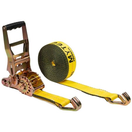 Mytee Products 2inx27ft Self-Tensioning Ratchet Strap with J Hooks - 10,000 lbs BS - Yellow RS227WHTG