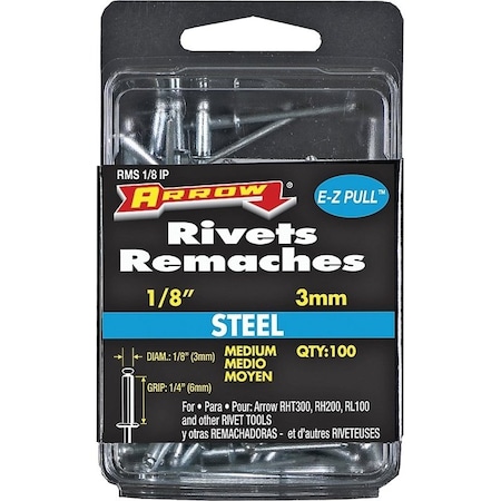 Arrow Lock Pop Rivet, Medium, 1/4 in L, Steel, 100PK RMS1/8IP