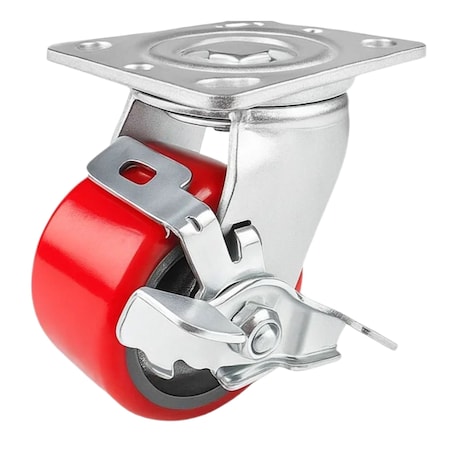 Hyw Products Heavy Duty Caster 4in Red Polyurethane on Cast Iron Wheel, Swivel with Brake 40-40S-A1-PC-TB(R)
