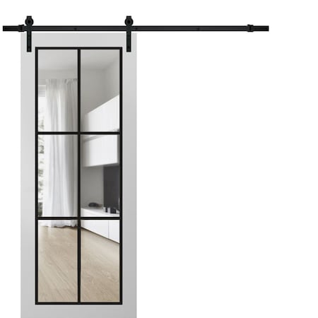 Sartodoors Sturdy Barn Door Clear Tempered Glass, Lucia 2366 White Silk and Aluminum Strips, 6.6FT Black Rail LUCIA2366BD-B-WS-30 x 84