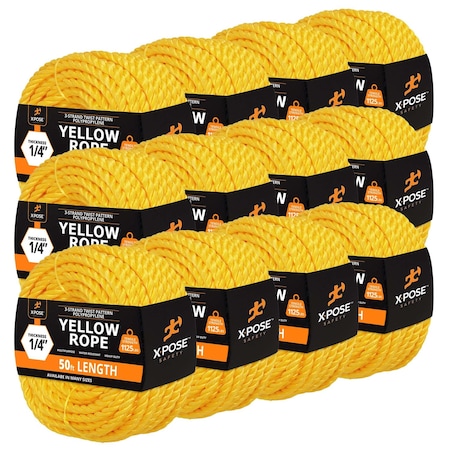 Xpose Safety 1/4in x 50 ft Twisted Polypropylene Rope, Yellow, 12PK YPR14-50-12-X