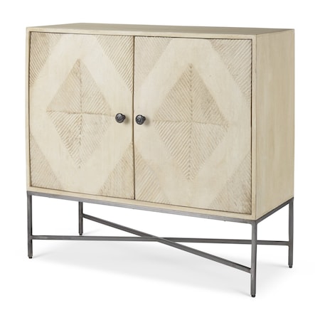 Homeroots 36in Cream and Gray Solid Wood and Iron Carved Geometric Accent Cabinet With Two Doors 611060