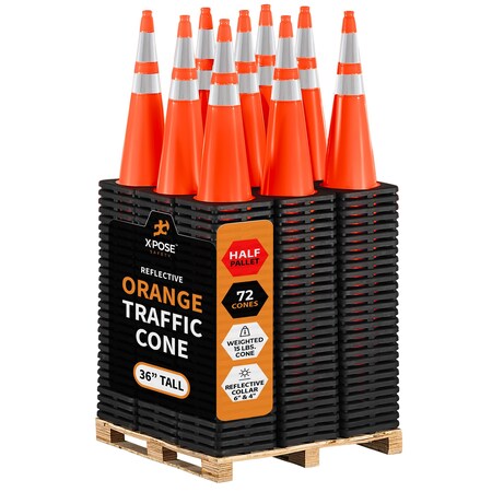 Xpose Safety 36 in Orange Traffic Cone, PVC, 15 lb Base w/ 6 in & 4 in Collar, DOT Approved, 72 PK, Half Pallet OTC36-64-15L-HP72-X