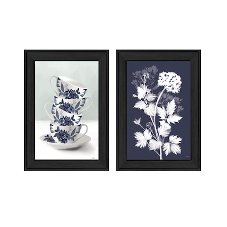 Homeroots Set Of Two Tea Towers with Flowers Blue Black Framed Print Kitchen Wall Art, 2PK 408188