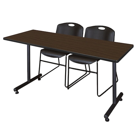 Regency Kobe T-Base Training Seminar Table W/ 2 Zeng Stack Chairs, 60 in W, 30 in L, Neo Walnut MKTRCT6030NW44BK