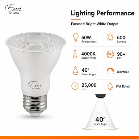 Euri Lighting PAR20 LED Bulbs, 5.5W, 500 lm, 50W Eq., 4000K, E26, Dimmable, CEC/JA8/UL, 2PK EP20-5.5W5040cec-2