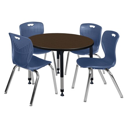 Regency Round Kee Adjustable Classroom Table W/ 4 Andy Stack Chairs, 42 in W, 42 in L, Neo Walnut TB42RNDNWAPBK40NV