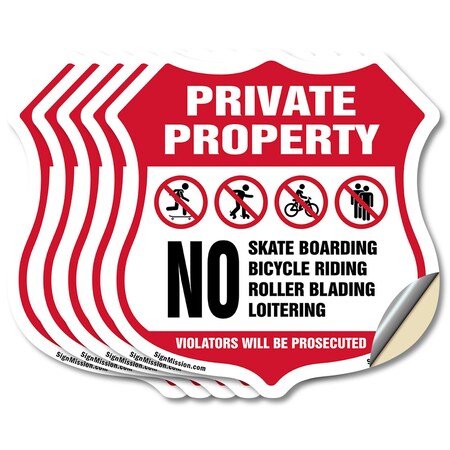 Signmission Private Property Shield Sign No Skateboa, 6 inch X 6 inch, Vinyl Decal, 5PK SHI-D-5PACK-6-442