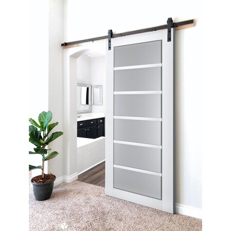 Sartodoors Sturdy Barn Door Frosted Glass White 24x80 Solid Core Modern Interior VEREGIO7602BD-B-WS-24