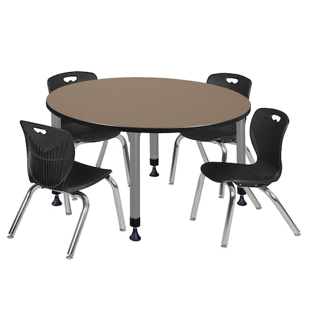 Regency Round Kee Adjustable Classroom Table W/ 4 Andy Stack Chairs, 48 in W, 48 in L, Noble Oak TB48RNDNOAPGY45BK