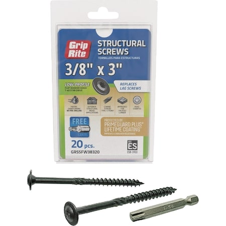 Grip-Rite PrimeGuard Plus 3/8''x3'' Flat Washer Head Structure Screw, 20-Count GRSSFW38320