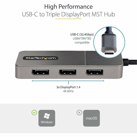 Startech.Com USB-C to Triple DisplayPort 1.4 MST Hub, 4K 60Hz, 1ft 30cm Cable, USB Type-C to MST14CD123DP