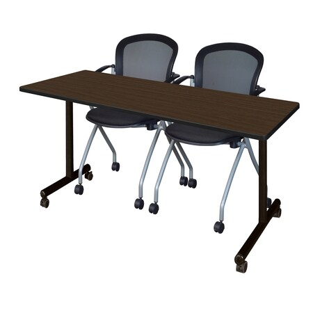 Regency Kobe Mobile T-Base Training Table W/ 2 Stack Chairs, 72 in W, 24 in L, Neo Walnut MKTRCC7224NW23BK